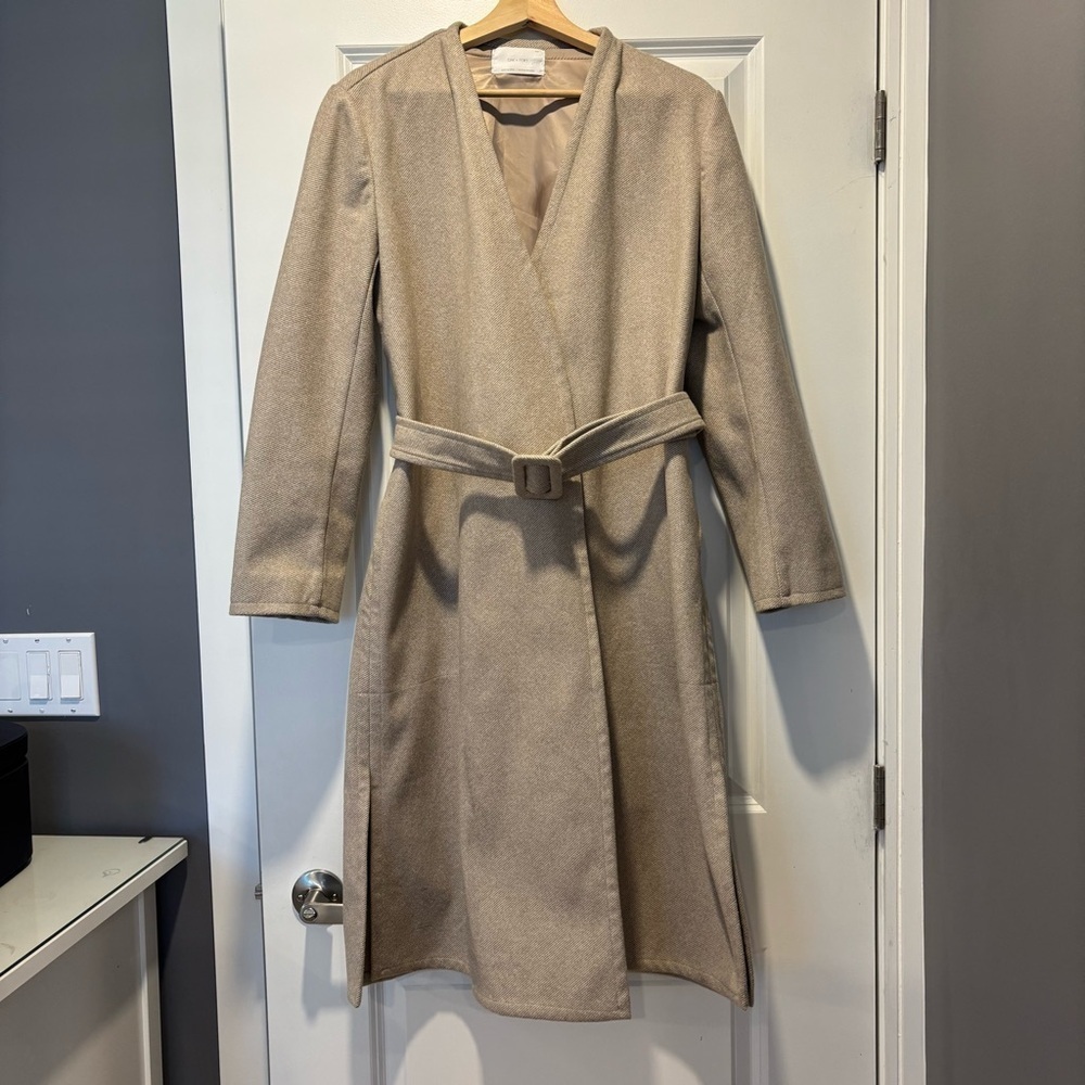 OAK + FORT Women’s Double Faced Belted Coat, Khaki, Size Medium